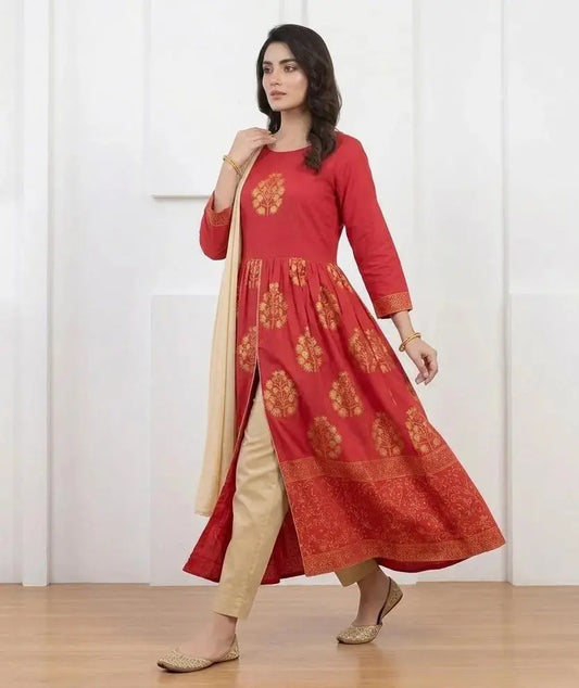 Red Block Printed Arabic Lawn Maxi Set for Women M BASHIR CLOTH HOUSE