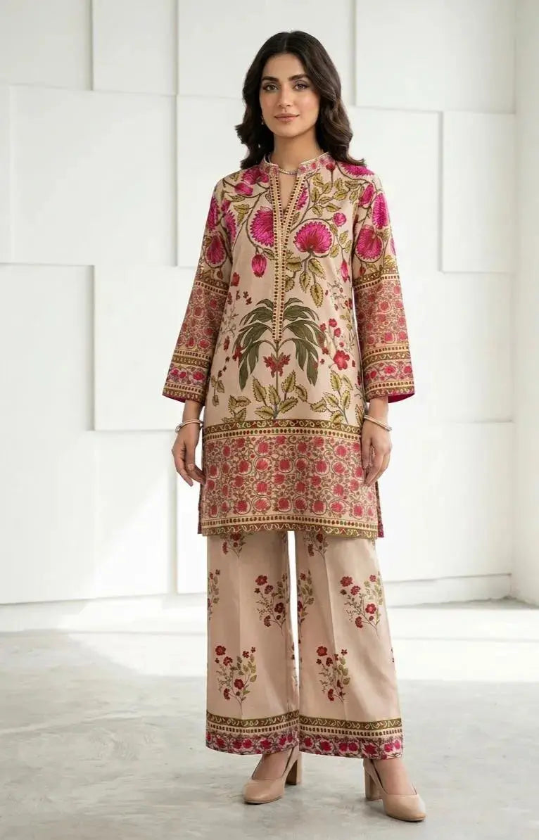 Pakistani Printed Kurta Set with Floral Embroidery