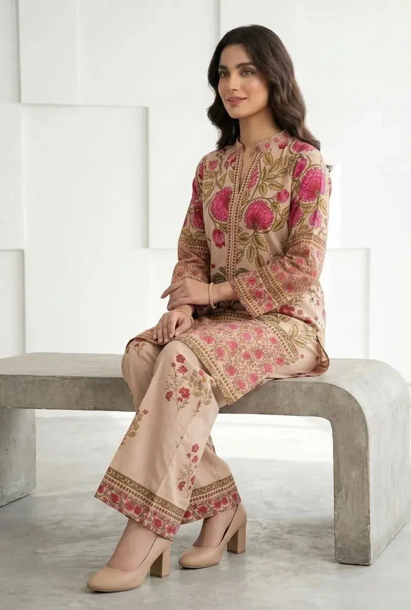 Pakistani Printed Kurta Set with Floral Embroidery