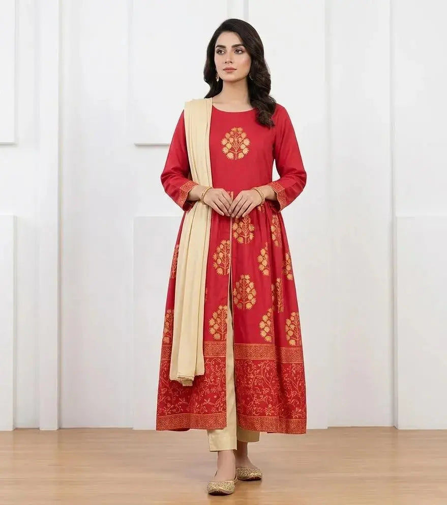 Red Block Printed Arabic Lawn Maxi Set for Women M BASHIR CLOTH HOUSE