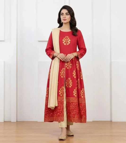 Red Block Printed Arabic Lawn Maxi Set for Women M BASHIR CLOTH HOUSE