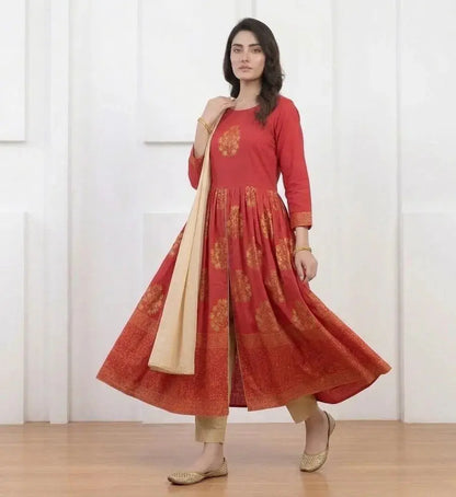 Red Block Printed Arabic Lawn Maxi Set for Women M BASHIR CLOTH HOUSE