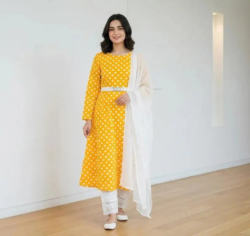 Women Yellow Polka Dot Kurta Set with White Dupatta M BASHIR CLOTH HOUSE