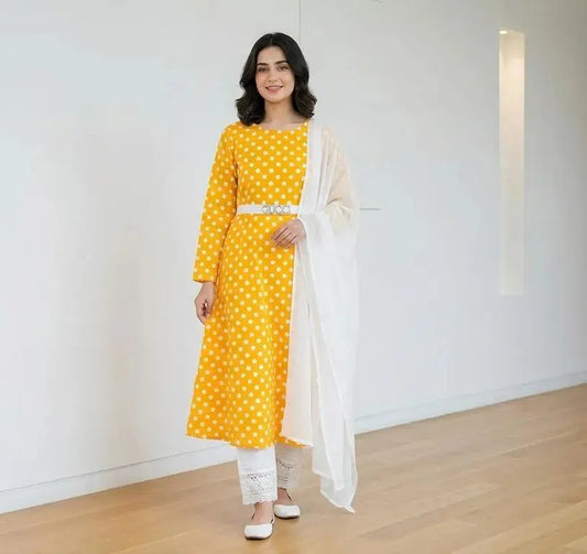 Women Yellow Polka Dot Kurta Set with White Dupatta M BASHIR CLOTH HOUSE