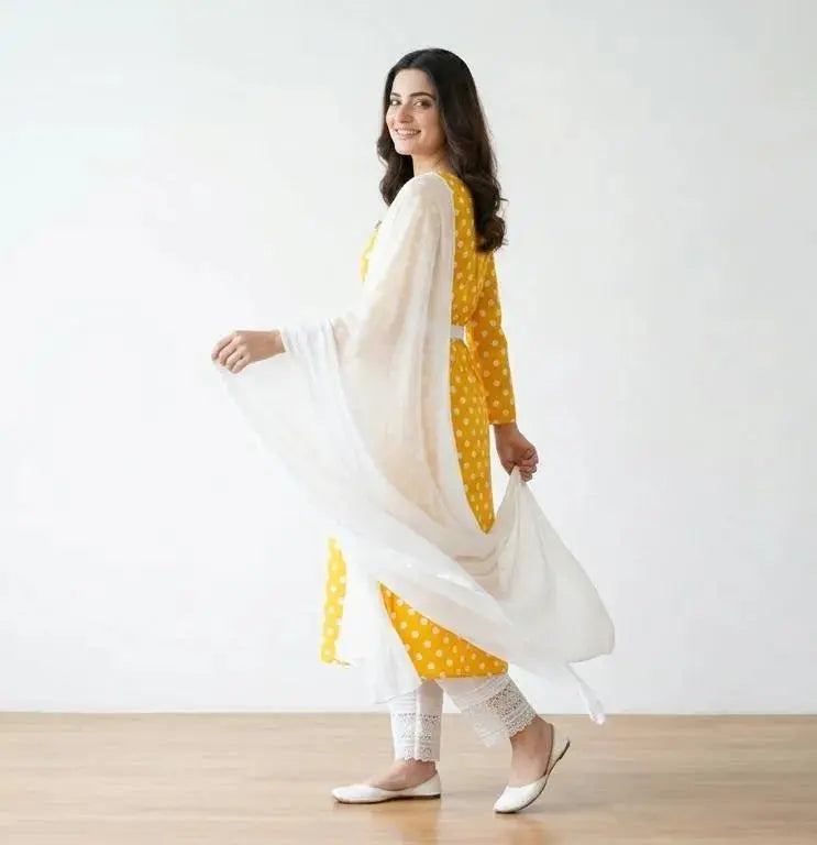 Women Yellow Polka Dot Kurta Set with White Dupatta
