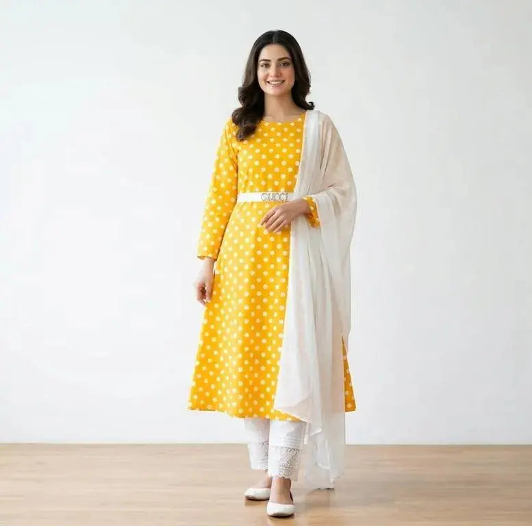 Women Yellow Polka Dot Kurta Set with White Dupatta M BASHIR CLOTH HOUSE