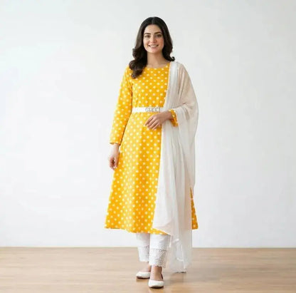 Women Yellow Polka Dot Kurta Set with White Dupatta M BASHIR CLOTH HOUSE