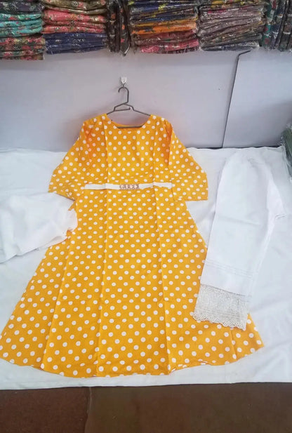 Women Yellow Polka Dot Kurta Set with White Dupatta M BASHIR CLOTH HOUSE
